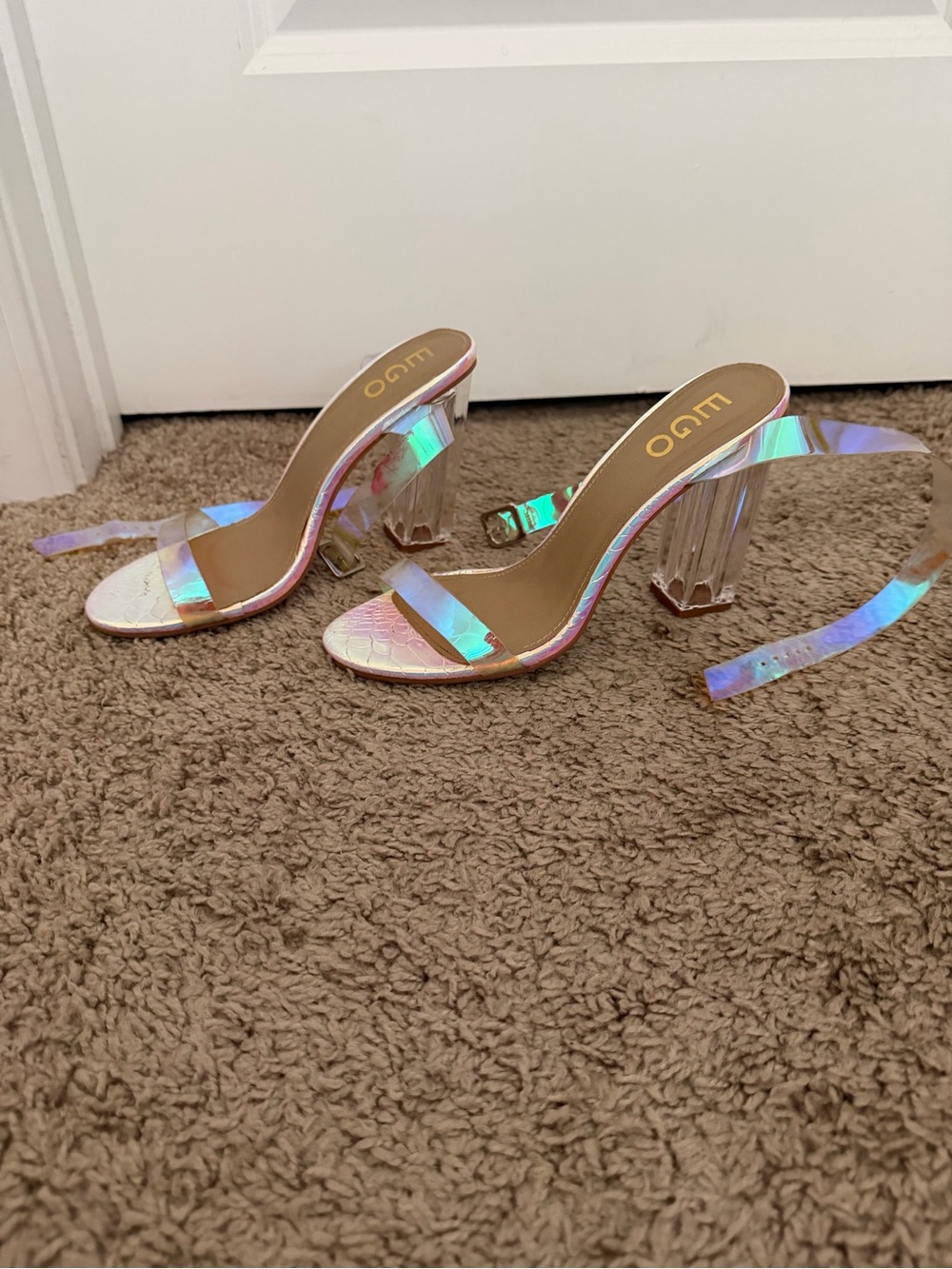 EGO Iridescent Strap Clear Block Heels - Pink Pearlescent